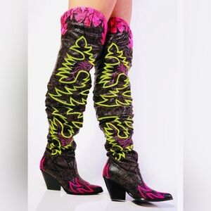 Brown and Pink Embroidered Boots